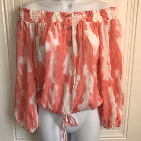 🔴 4/$15 Boutique coral & white tie dye crepey off-shoulder blouson top sz S NWT - Picture 5 of 15